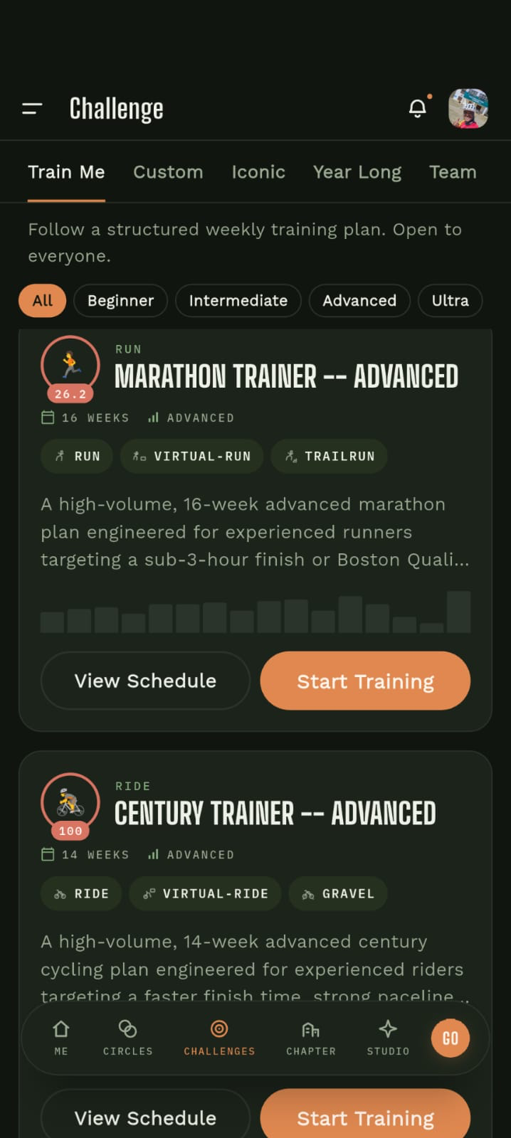 Saval's Train Me tab, showing structured training plans like Marathon Trainer -- Advanced and Century Trainer -- Advanced.