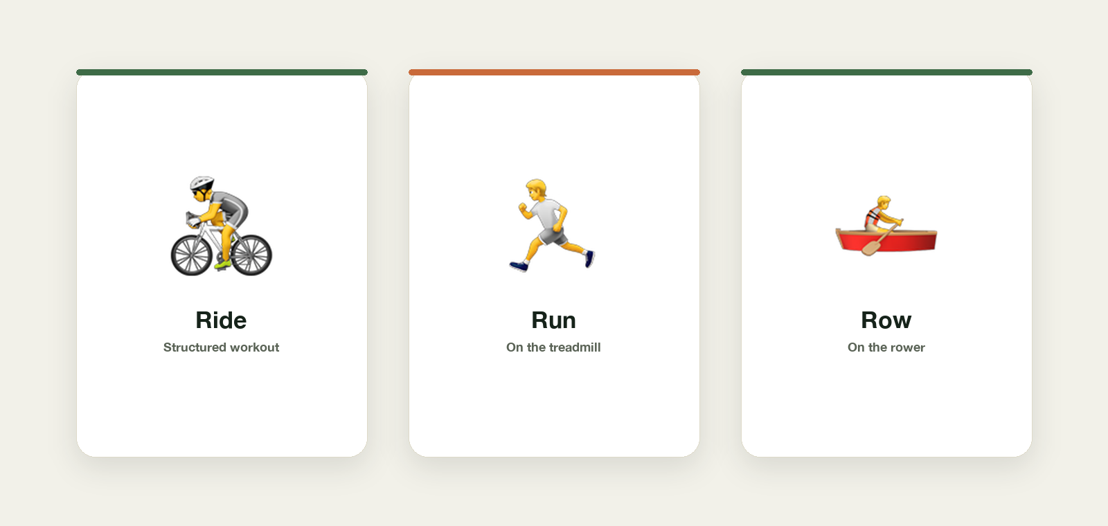 Three Studio session cards: Ride (structured workout), Run (on the treadmill), Row (on the rower)